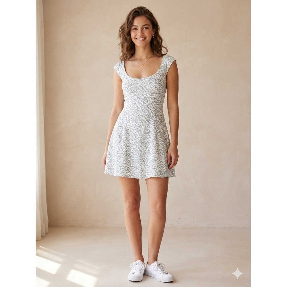 Women's Abercrombie & Fitch White Blue Floral Short A-Line Dress Size S